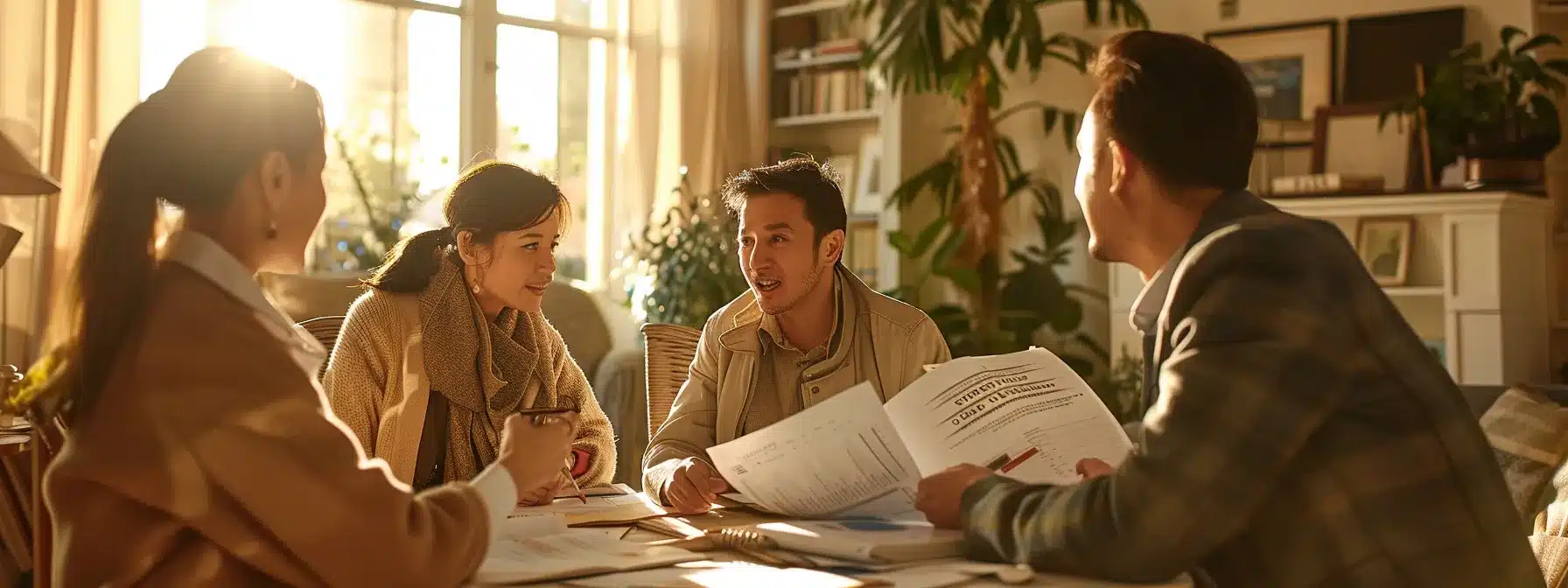 a homeowner discussing insurance options with multiple agents, surrounded by paperwork and comparison charts.