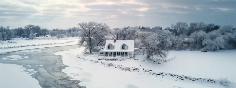 a home surrounded by a winter wonderland of snow and ice, with a river rising in the background and storm clouds looming overhead, showcasing the need for comprehensive weather-related insurance coverage in minnesota.