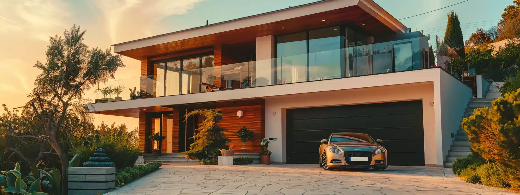 a modern home with a security system, sleek car in the driveway, and a stack of money symbolizes maximizing savings on customized home insurance.