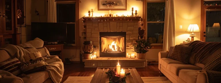 a cozy living room with a crackling fireplace, plush furniture, and warm lighting, showcasing the importance of tailored minnesota home insurance coverage.