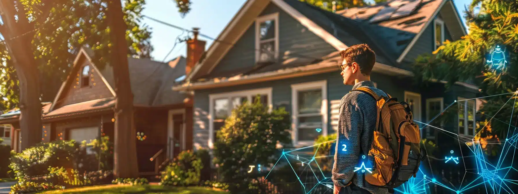 a homeowner standing in front of their house, assessing the value of their home with a focus on the roof, surrounded by a map of their zip code highlighting potential local hazards.