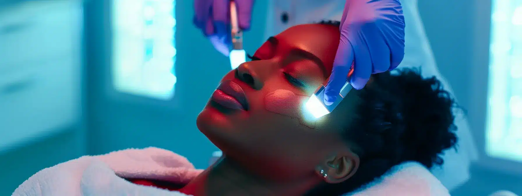 a focused esthetician with a serene expression applying a laser treatment to a client's skin, illustrating the importance of liability insurance in the beauty industry.