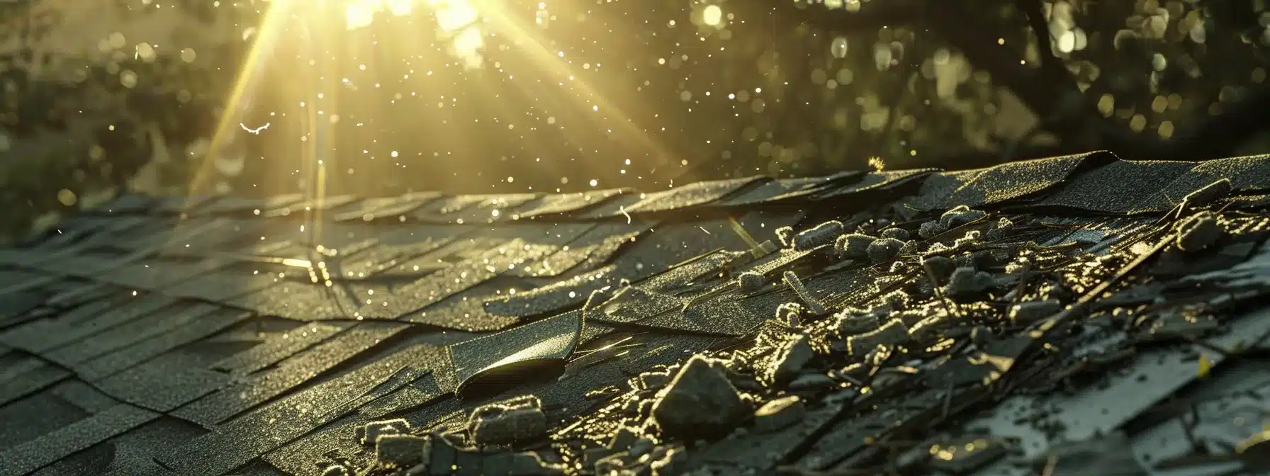 capturing a close-up shot of a damaged roof with debris scattered around, emphasizing the need for immediate action after property damage occurs.