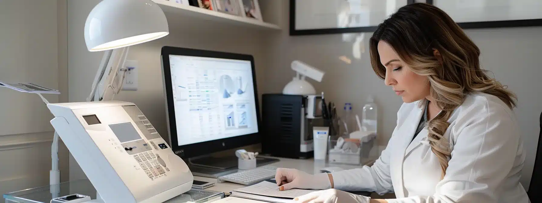 a professional esthetician carefully comparing different insurance policies while surrounded by paperwork and a computer displaying security information.