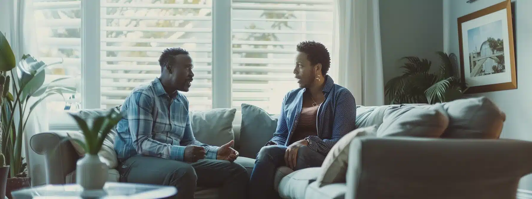 a focused homeowner discussing details with a diligent insurance adjuster in a well-lit living room.