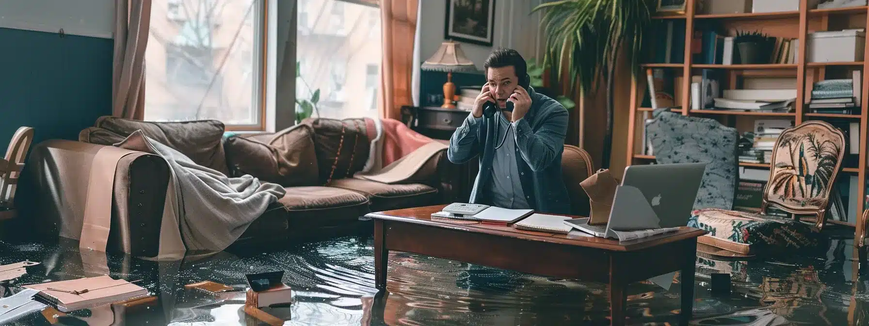 a person speaking on the phone with an insurance provider, surrounded by water-damaged furniture in a minneapolis home.