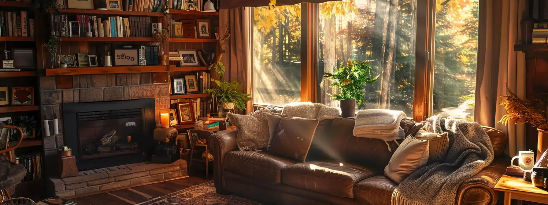 a cozy living room filled with minnesota-themed decor, showcasing a homeowner reviewing their customized insurance policy.