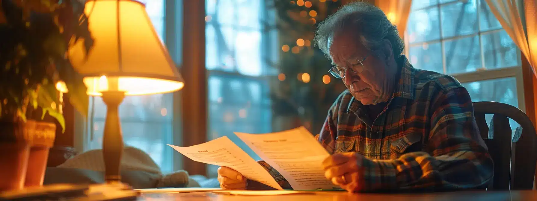 a homeowner in minneapolis reviewing their detailed insurance policy at a cozy wooden desk with a focused expression.