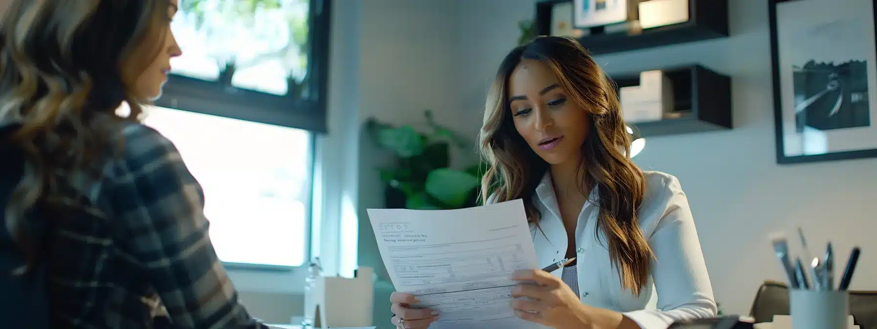 a confident esthetician reviewing a detailed insurance policy with a trustworthy insurance agent in a peaceful and well-lit office setting.