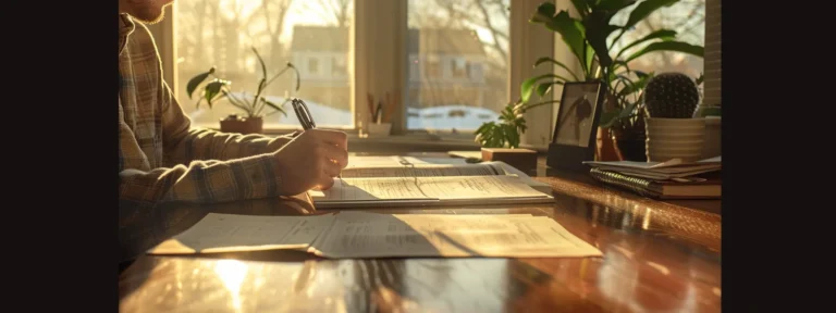 a person calmly filling out insurance paperwork at a tidy desk in a sunlit minneapolis home office.