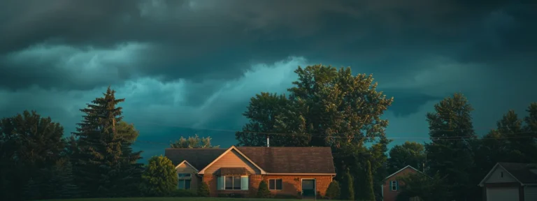 A brick house surrounded by trees with a dark, stormy sky overhead, creating an ominous atmosphere as clouds gather before a potential windstorm.