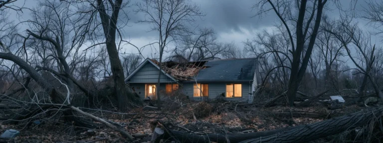 a house surrounded by debris and fallen trees after a powerful windstorm in minnesota.