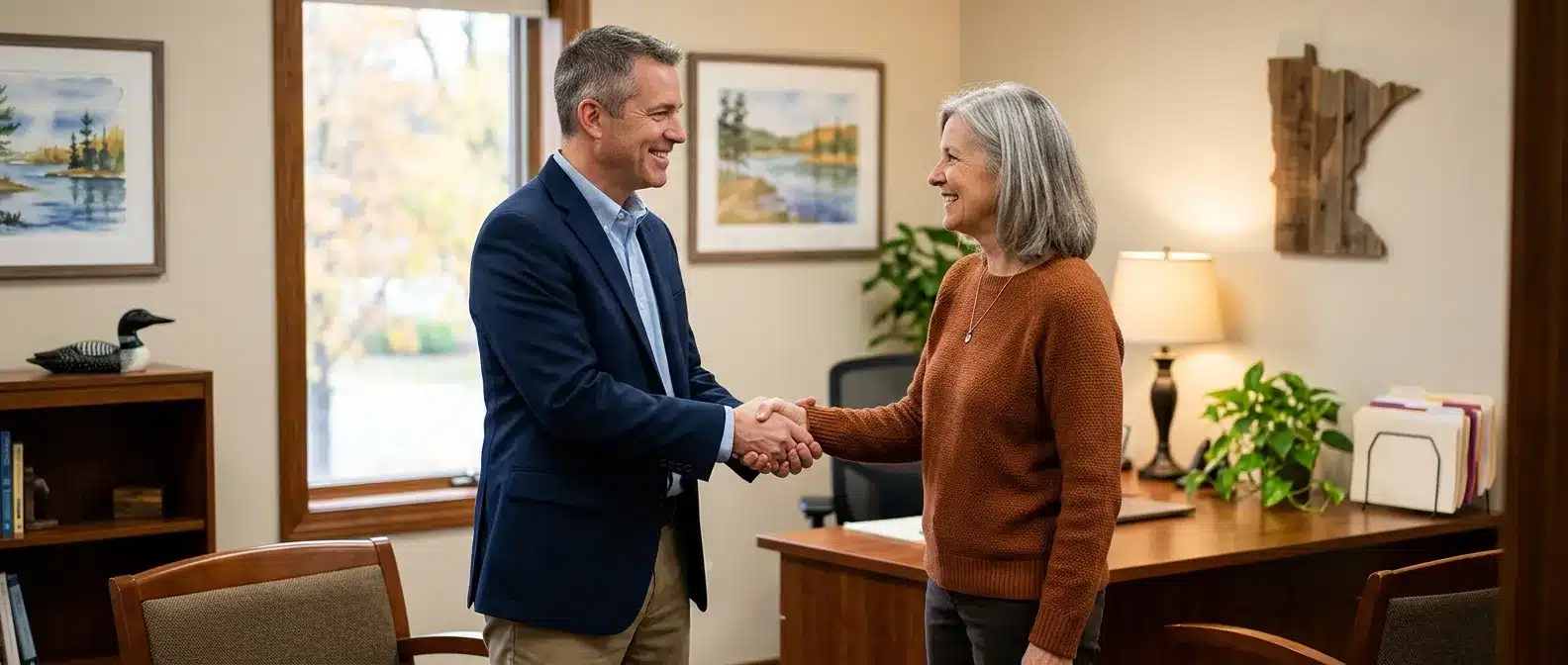 Insurance agent and client handshake showing trust and professional relationship