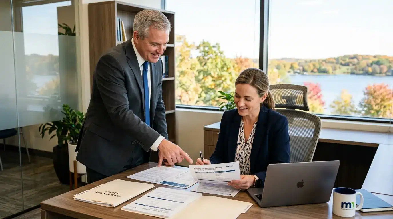 Minnesota business owner reviewing workers compensation insurance documents with insurance agent