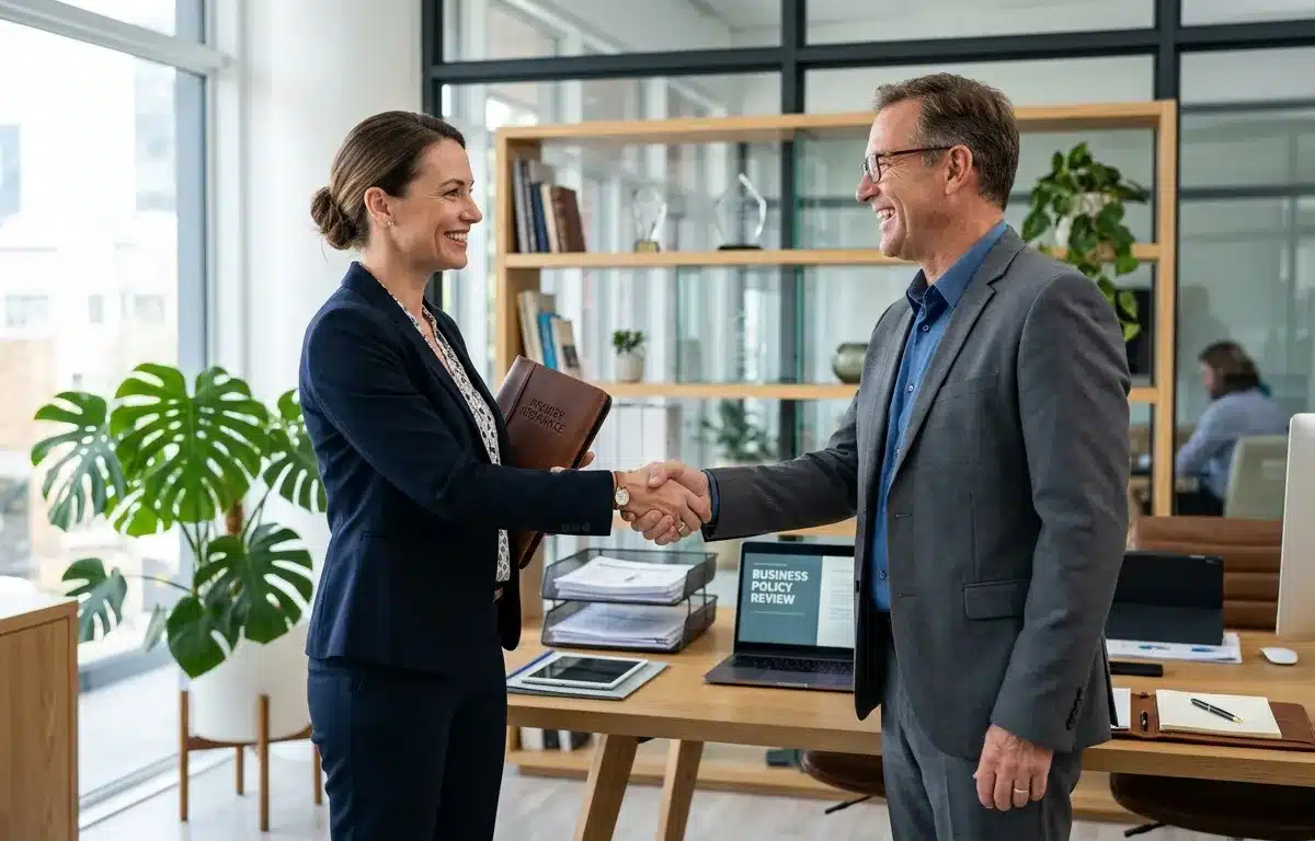 Insurance agent consultation and handshake with business owner