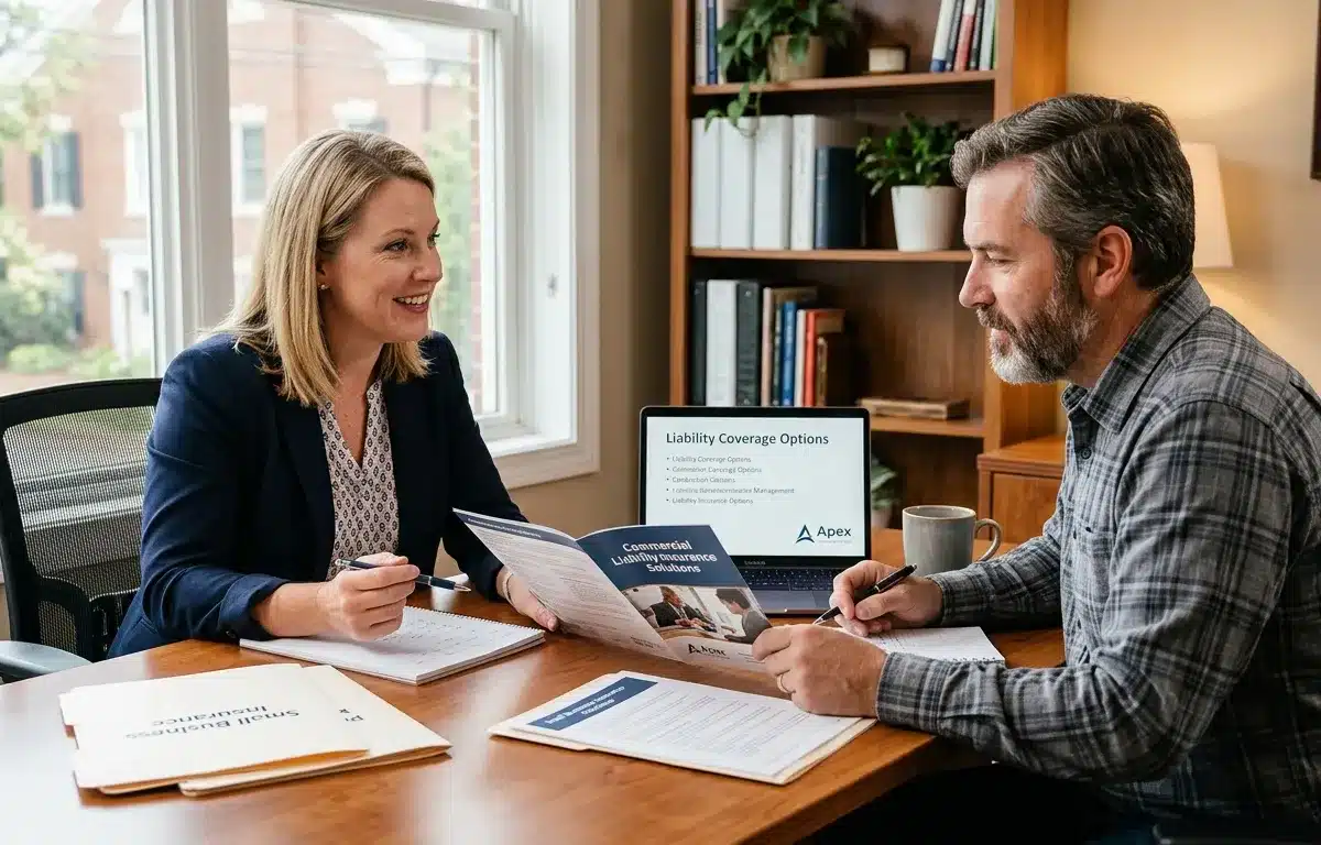 Small business owner consulting with insurance agent about liability coverage options