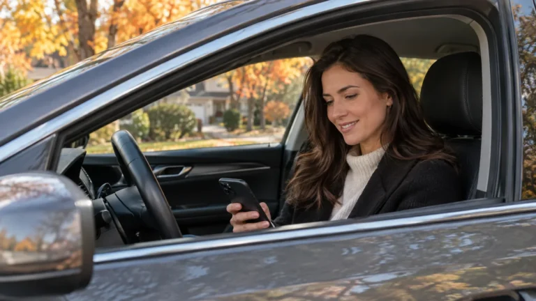 Minnesota driver checking her car insurance quote on her phone in a suburban driveway