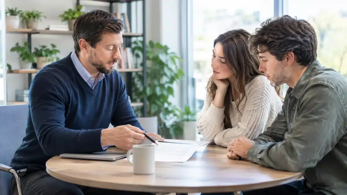 Local insurance agent helping a young couple choose a Minnesota life insurance policy