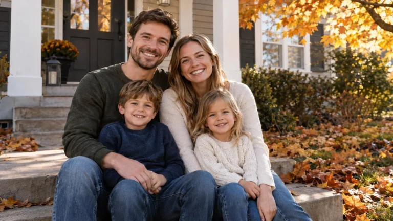 Minnesota family of four sitting on the front steps of their home in autumn