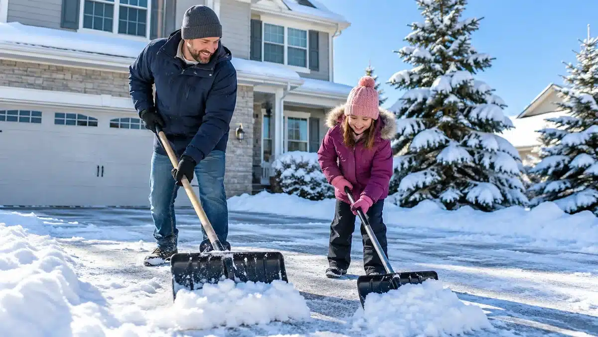 Minnesota father and daughter shoveling snow outside the family home they want to protect